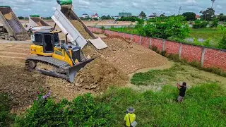 Large Land Development Project Completed! Skillful SHANTUI Dozer Pushing Stone to Lake & 25T Trucks