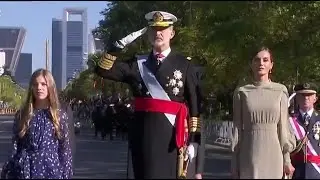King Felipe VI of Spain watching big military parade on Spain's national day 2022