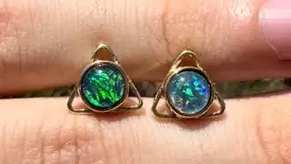 18k Gold Triangle Stud Earrings with Black Opal Triplets | OpalPop