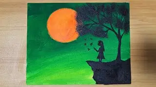 Easy green night sky painting || Acrylic painting tutorial step by step || Moonlight painting 