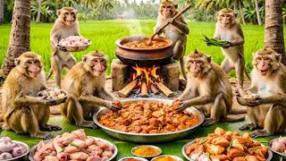 बंदरों ने मिलकर बनाए देसी चिकन करी 🍗 | Monkeys Made Desi Chicken Together | Monkey Cooking Channel