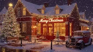 Christmas Caf&eacute; at Night ❄️ Cozy Snowy Street, Warm Lights & Jazz Music