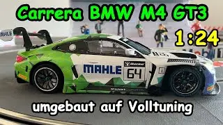 Carrera BMW M4 umgebaut auf Volltuning - liegt schon gut auf der Schiene