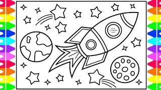 How to Draw a ROCKET SHIP for Kids ⭐️🌎🚀Rocket Ship Drawing for Kids | Rocket Ship Coloring Pages