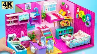 (So Easy) Make a Simple Handmade Pink Dollhouse for a Family ❤️ DIY Miniature Cardboard House