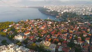 Antalya, Turkey. Aerial drone panorama of Kaleici Old Town, yacht marina, Mediterranean Sea and T...