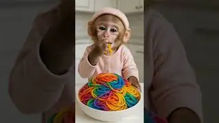 baby monkey eating rainbow noodles - so cute ❤️