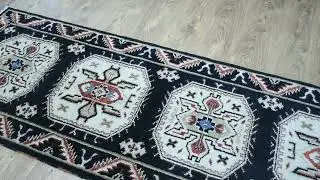 Hand Knotted Afghan Wool And Silk 2'6''x10' Runner Area Rug Oriental Kazak Black Cream AF0109
