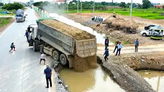 Wonderful Heavy dump truck 25T unloading rock repair road and New bulldozer working push filling up