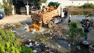 Start Opening a New Project! Landfill Delete Flooded Garbage Using Dozer Pushing RockSoil with Truck