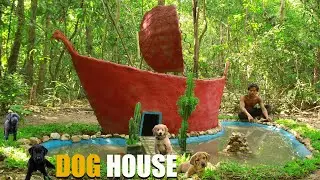 Primitive Dog Shelter &ndash; Ep. 13 | Clay Boat Dog House with Pond in the Jungle 🐶⛵