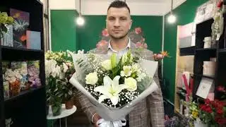 Buchet Alb Imaculat cu Crin, Trandafiri, Lisianthus, Alstroemeria, Floarea Miresei, Eucalipt