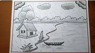 How to draw rainy season scenery/Rainy season drawing easy for kids/Rainy season drawing with pencil