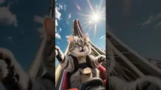 Roller Coaster Cat Adventure A wide-eyed tabby cat, secure in a mini roller coaster @animation world