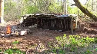 Building an overnight and survival shelter alone, a Bushcraft crooked stick hut, cooking