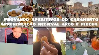 Provando aperitivo para o casamento,apresentação arco e flecha medieval.