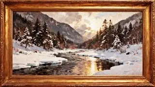 Animated Winter River Painting for TV: Snowy Mountains & Sunset Frame Art (No Music)