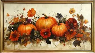 Autumn Halloween Pumpkins and flowers Painting | Gold Frame | TV Art Screensaver | TV Wallpaper Art