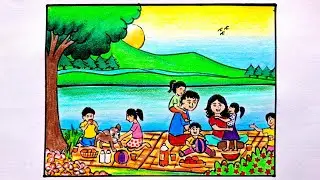 Picnic Drawing | Kids Playing Drawing | Picnic Scenery Drawing | Park Drawing 