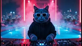 Neon Poolside DJ Cat | Midnight Chillwave from the Rooftop | Ultimate Dance Party Vibes 2025 🎶