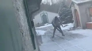 Clearing stone walkways with beast blower and treating with rock safe at local event center 
