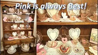 All of my PINK DEPRESSION GLASS Collection with VALENTINES Day Decor  #pinkdepressionglass