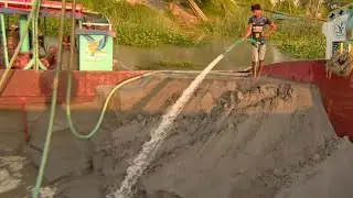 River Sand Mining: Powerful Water Jet Pump Loading a Barge | Sand Flow Chronicles