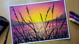 Easy Sunset Scenery Painting / Oil Pastel Nature Drawing for Beginners / Step by Step Tutorial