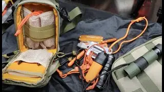 Roaring Fire Tinder Tactical Organizer Pouch filled with survival & EDC goodies, Cabelas, Exotac, +