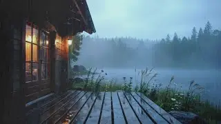 Wooden Cabin by Forest Lake Surrounded by Heavy Rainstorm | Deep Sleep Rain and Calm Night
