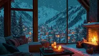 Snow Covered Winter Cabin with Soft Firelight and Silent Night Sounds for Deep Relaxation