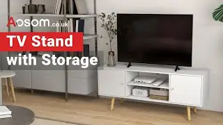 HOMCOM TV Stand with Storage Shelves and Wood Legs