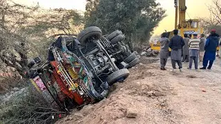 Heavy Loaded Truck Crash on Slippery Mud Road | Rear Tire Skid Accident & Crane Recovery