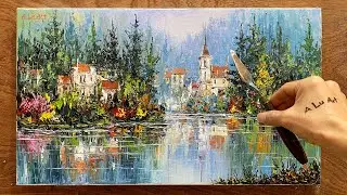 Painting landscapes with a paint mixing knife /#87/ The landscape of houses on the lake shore