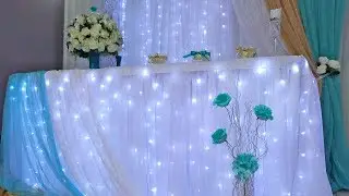 Como Fazer Painel de Cortinario e Saia de Mesa Com Led Tiffany Branco Dourado Decoração Festas