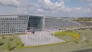 Drone footage of North Atlantic Treaty Organization (NATO) Headquarters in Brussels Belgium