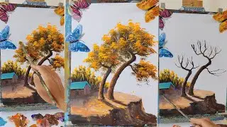 tep-by-Step Acrylic Painting Tutorial | Beautiful Autumn Tree Beside a House with Butterflies 