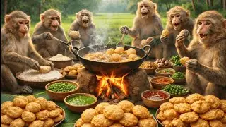बंदरों ने बनाई देसी मटर प्याज कचौड़ी | Monkeys Made crunchy Kachori Today