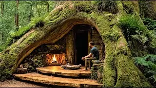 Building a Hidden Shelter Inside a Giant Tree | Warm and Cozy Dugout  Bushcraft Survival