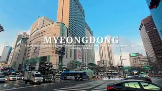 4K Snowy Myeongdong commute, Seoul street walking tour, K-pop Demon Hunters Korea 눈 내린 서울아침 명동거리 산책