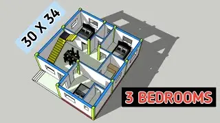 30x34 में 3 बैडरूम का सबसे अच्छा नक्शा || 30x34 house plan || 3 bedrooms house plan || 3d house plan