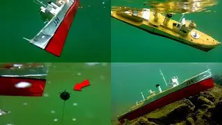 Cardboard ship sinking, model of WWII destroyer sinking after hitting a mine, mini shipwreck