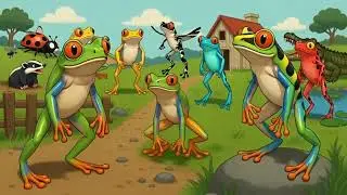 A comedy cartoon farm featuring various frogs including a Green Tree Frog, Red Eyed Tree Frog, Tige