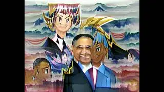 Anime  painting of President Barack Obama and Yugi Mutou standing next to each other for a photo-op