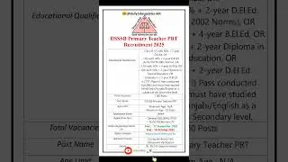 DSSSB Primary Teacher PRT Recruitment 2025 | New Teacher Vacancy 2025 | dailyJobs updates #shorts