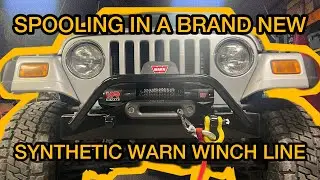 Spooling in a Brand New SYNTHETIC WARN WINCH LINE into a Warn VR10 Eco Winch on a Jeep Wrangler TJ