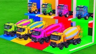 Mixer Trucks of Colors! TRACTOR, FIRE ENGINE, SCANIA, FREIGHTLINER, MAN, MACK WITH FLATBED TRUCKS