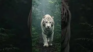 A majestic white tiger walking through a misty jungle in slow motion, hyper-realistic style,