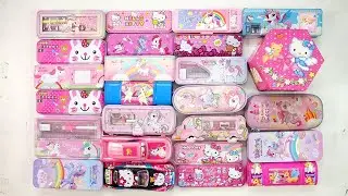 pink unicorn stationery items collection 😁 geometry,hello kitty,pencil box,sharpener,eraser,pouch