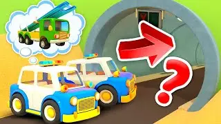The police cars help big trucks, tractor on the farm, and the cement mixer. Helper cars on a mission